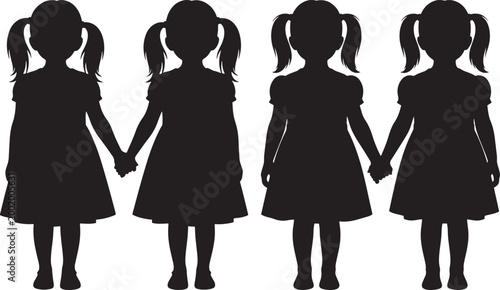 Four little girls holding hands in silhouette with white background children silhouette friendship together childhood innocence isolated sisterhood outdoors playtime back view pigtails