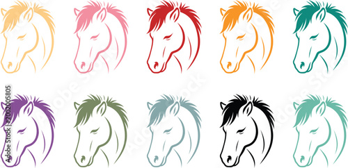 Colorful Horse Head Silhouettes Pattern Set, Elegant Horse Silhouette Collection Animal Head Design