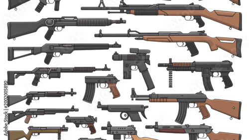 Assorted modern rifles and shotguns in a lineup display Vector
