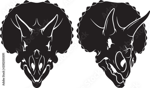 Two triceratops dinosaur skulls in silhouette with animal skull white background graphic element dinosaur art ancient animal prehistoric creature three horns bone structure triceratops