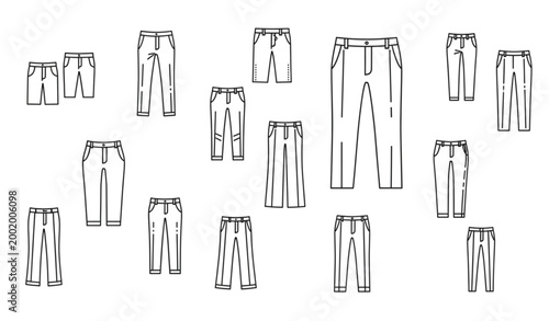 Mens pants outline icon collection with jeans joggers and trousers in clean minimal line vector style for fashion UI and apparel branding on white background