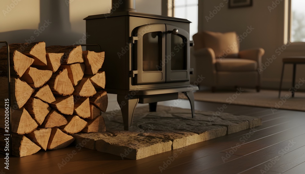 Naklejka premium Firewood stacked beside iron stove in a cozy living room for home heating concept and winter warmth with golden hour lighting on stone hearth
