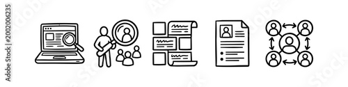Tableau sur toile Hand-drawn recruitment and job search doodle icons featuring a laptop search, talent selection, resume, and professional networking