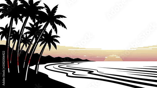 Tropical Beach Sunset Silhouette with Palm Trees and Ocean Waves