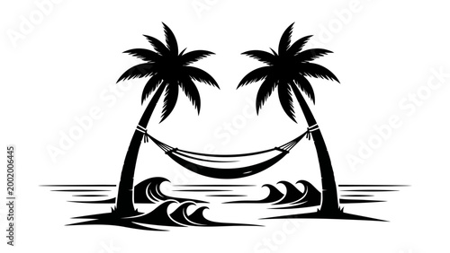 Tropical beach hammock between palm trees, ocean waves, serene vacation paradise