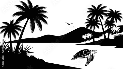 Tropical Island Paradise Silhouette: Palm Trees, Ocean, Mountain, and Sea Turtle