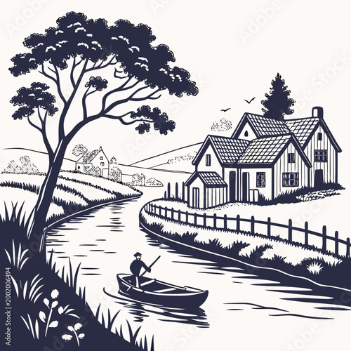 Graphic illustration of a person rowing a boat on a river near a rural village with cottage houses and trees rural life folk art countryside landscape illustration pastoral peaceful farmhouse