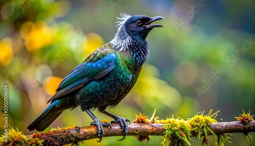 Bird singing on branch.