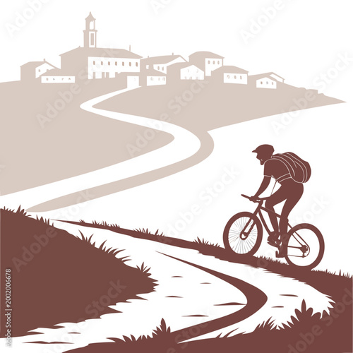 Silhouette illustration of a mountain biker riding on a winding path towards a distant village with silhouette mountain landscape adventure recreation exercise mountainbike traveling vacation