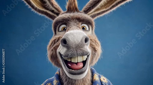 Animated Donkey Close-up Portrait, Slow Zoom, Blue Background, Animation