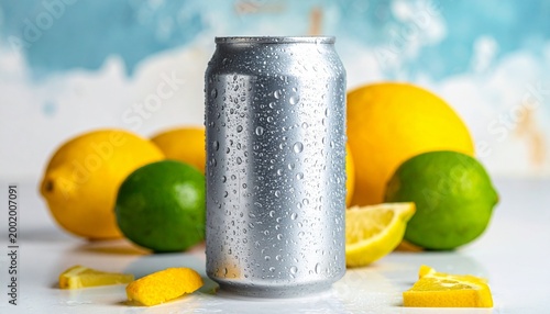 Chilled beverage can surrounded by fresh citrus fruits and water droplets