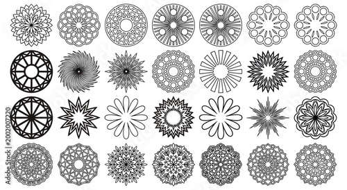 Collection of intricate circular mandalas featuring geometric shapes and floral patterns. Symmetrical line art for coloring activities and therapeutic relaxation. Vector set of round ethnic ornaments.