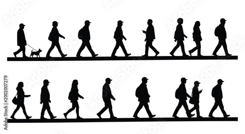 People walking with backpacks and dog on street in different styles vector