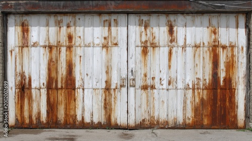 Weathered and Rusted Metal Garage Door with Distressed White Paint and Vertical Rust Streaks