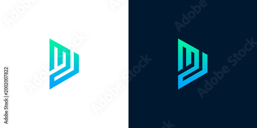 Abstract geometric letter mark logo design with gradient colors on a dark and white background, representing a modern digital brand identity