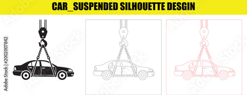 Car suspended silhouette design with heavy industrial crane and chains.