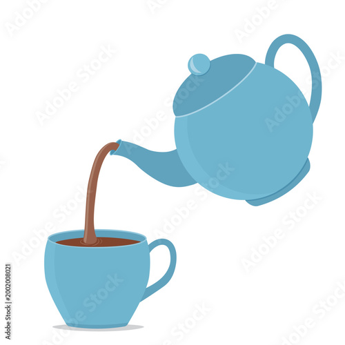 Pouring tea in mug. Hot steaming water cup