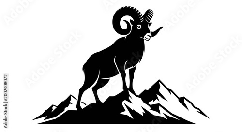 Bighorn Sheep Standing on Mountain Peak Silhouette Illustration