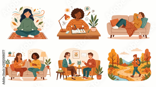 Mental health care and selfcare activities set, meditation, journaling, relaxing, therapy, social connection, and outdoor exercise illustrations