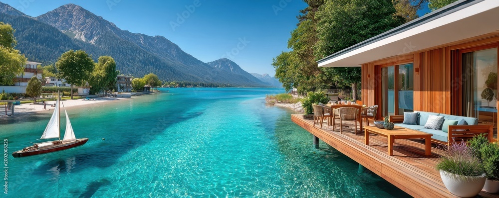 Fototapeta premium Lakeside modern house with wooden deck and sailboat on turquoise lake in Seefeld, Austria