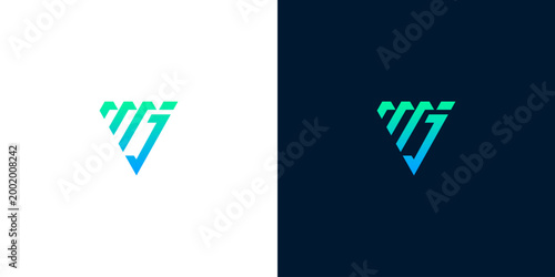 Modern abstract geometric V-shaped logo in gradient blue and green on white and dark backgrounds