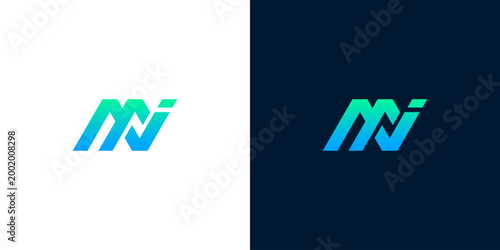 Modern MN logo design with gradient blue and green colors on white and dark backgrounds