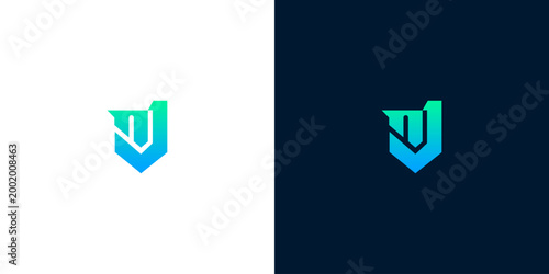 Dynamic and modern abstract shield or letter logo design, featuring a vibrant blue-green gradient, perfect for technology, business, or creative branding initiatives requiring a sleek visual identity