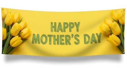 Happy Mother's Day Horizontal Banner with Yellow Tulips Border and Green Text on Vibrant Yellow Background