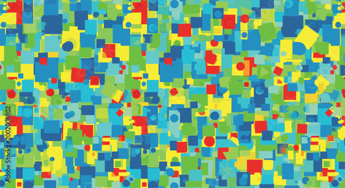 Colorful seamless pattern of scattered circles and squares in blue, green, yellow, and red, creating a playful, pixelated background.