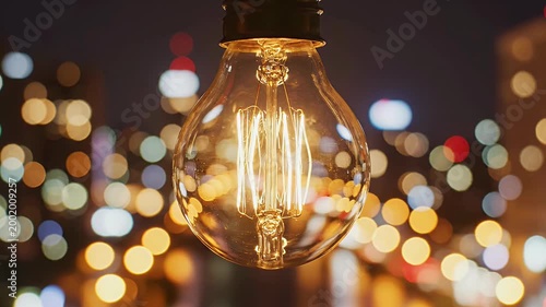 A glowing vintage light bulb is prominently displayed against a blurred background of city lights, symbolizing innovation and bright ideas.
