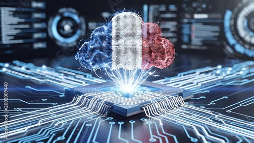 A futuristic depiction showcases artificial intelligence emerging from a computer processor.