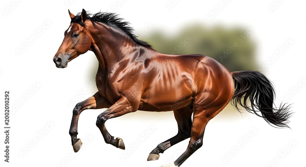 Fototapeta premium Brown horse running fast with black mane and tail outdoors
