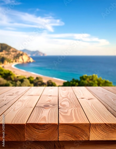Wooden table foregrounds a blurred beach scene, sunny sky