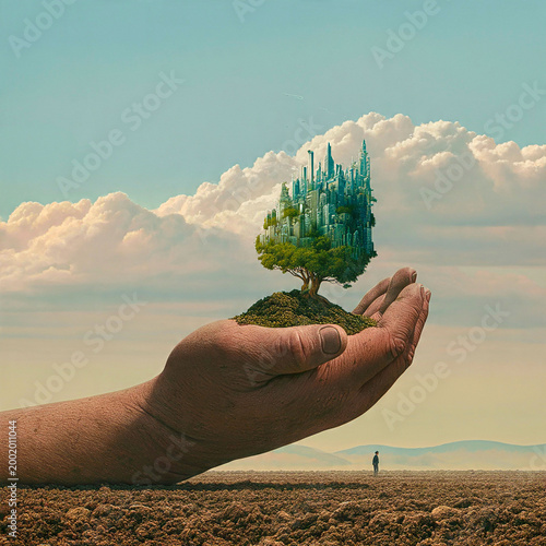 A giant hand cradles a flourishing cityscape intertwined with a lush green tree, symbolizing sustainable urban development and environmental preservation