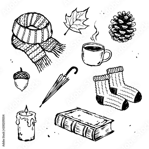 Vector set of autumn elements with a knitted scarf, a pine cone, and an antique book in outline