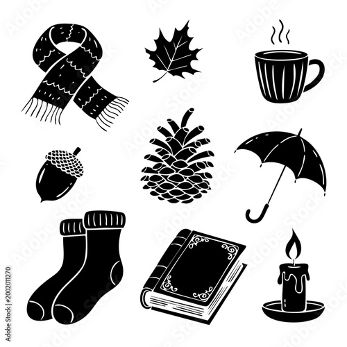 Autumn doodle style with a knitted scarf, an old book, a candle, socks, and a mug on a white background