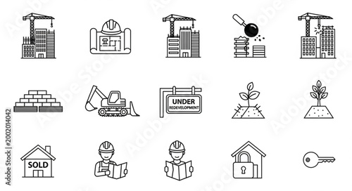 Collection of real estate and construction icons in a simple line art style.