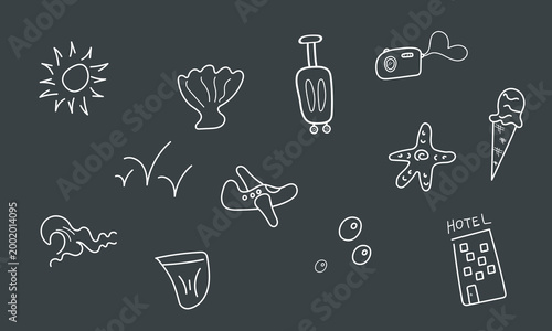 Hand drawn chalk doodle vacation icons set on blackboard with travel elements.