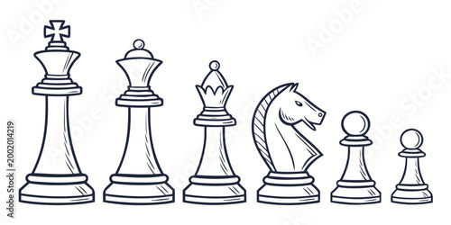 Quadro su tela Set of various chess pieces standing in a row including king queen bishop knight