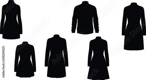 Women's and men's formal apparel silhouette set, black vector outlines of business suits, elegant dress, trench coat, and trousers isolated on white.