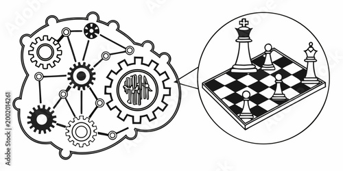 Quadro su tela Gears and brain network connected to a chessboard with mechanism strategy intell