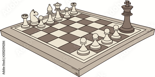 Fotografi Black king alone against white chess pieces on a board with strategy chessboard