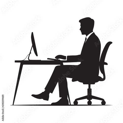 Professional businessman silhouette working on computer at office desk isolated on transparent background vector illustration for business concept.