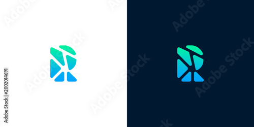 Modern letter R logo design with a shattered geometric style and vibrant blue-green gradient, symbolizing innovation, digital presence, and a dynamic corporate identity