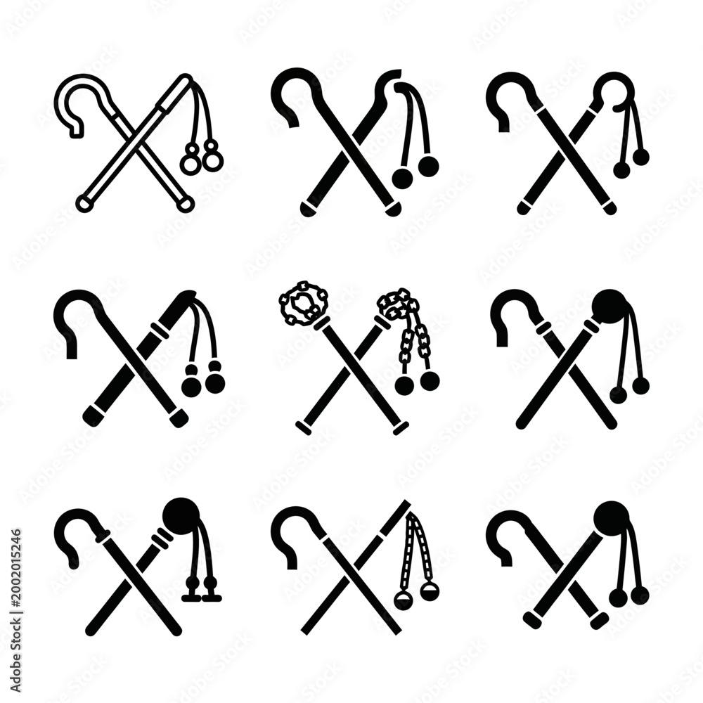 Obraz premium Collection of Crossed Staffs and Scepters Icons, Symbols of Power and Authority