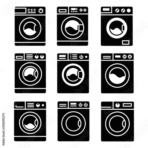 Collection of Nine Black Washing Machine Icons, Front View