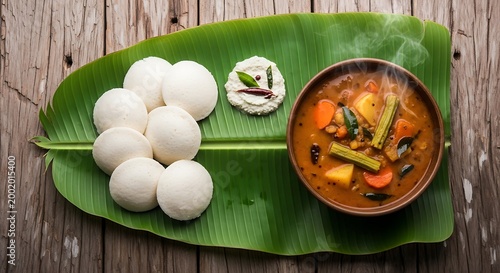 Steaming Idlis and Vegetable Sambar on Banana Leaf