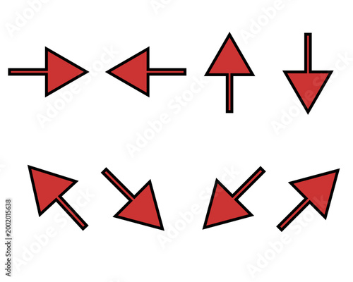 シンプルな赤い方向矢印アイコンセット　上下左右と斜め