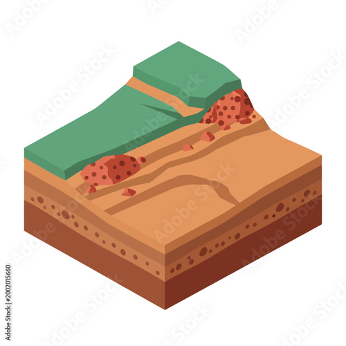 Geological rock formation with fault lines.