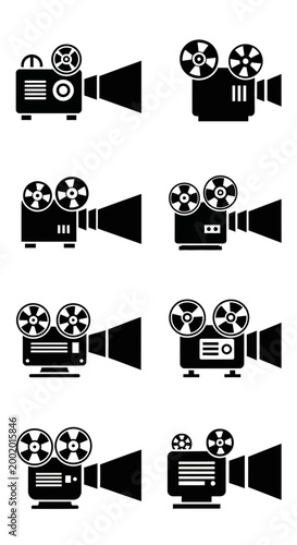 Vintage Film Projector Icons Set: Retro Cinema and Movie Night Symbols